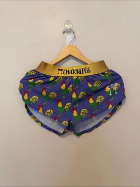 ChicknLegs Women's Purple Rooster-Print Athletic Shorts with Gold Waistband